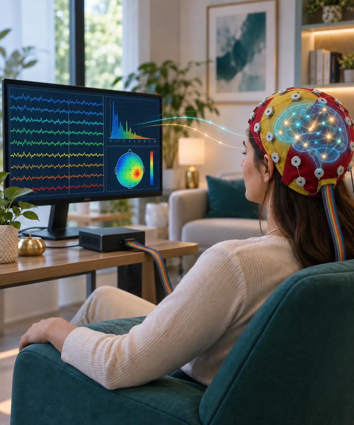 Pessoa realizando neurofeedback com sensores de EEG, atividade cerebral e feedback visual na tela