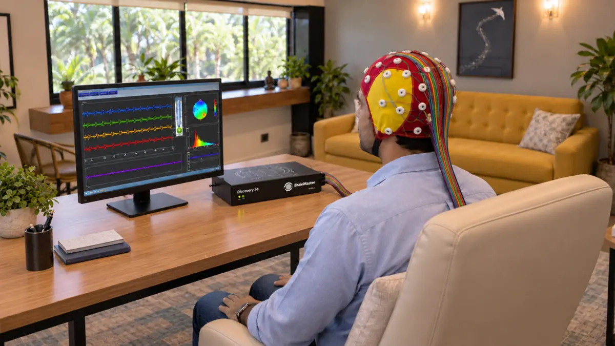 Adulto realizando treinamento de neurofeedback diante do computador