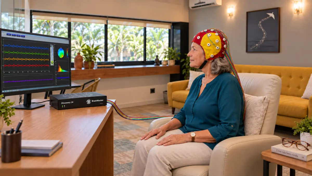 Mulher com mais de 50 anos realizando treinamento de neurofeedback